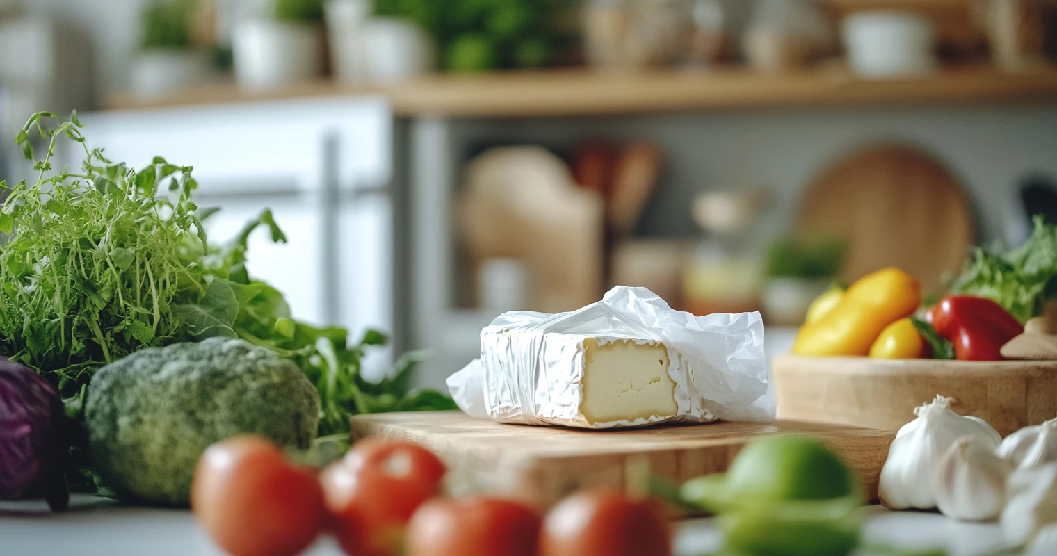 Brie cheese neatly stored in a modern fridge