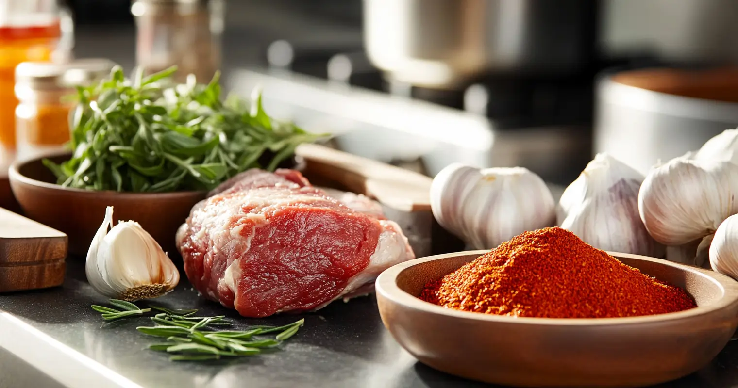 Bowls of spices and fresh pork shoulder laid out on a polished stainless steel countertop in a modern kitchen