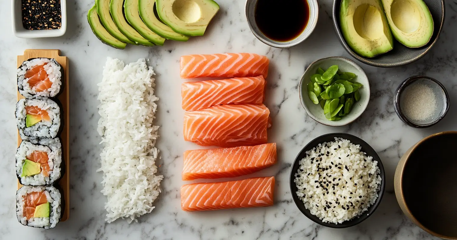 Fresh sushi ingredients like salmon, avocado, crab sticks, and sushi rice.