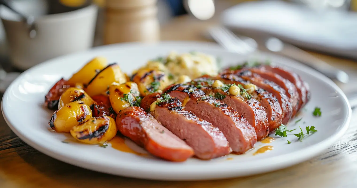 Kielbasa slices served on a white ceramic plate with grilled vegetables, displayed on a modern dining table in a professional restaurant.