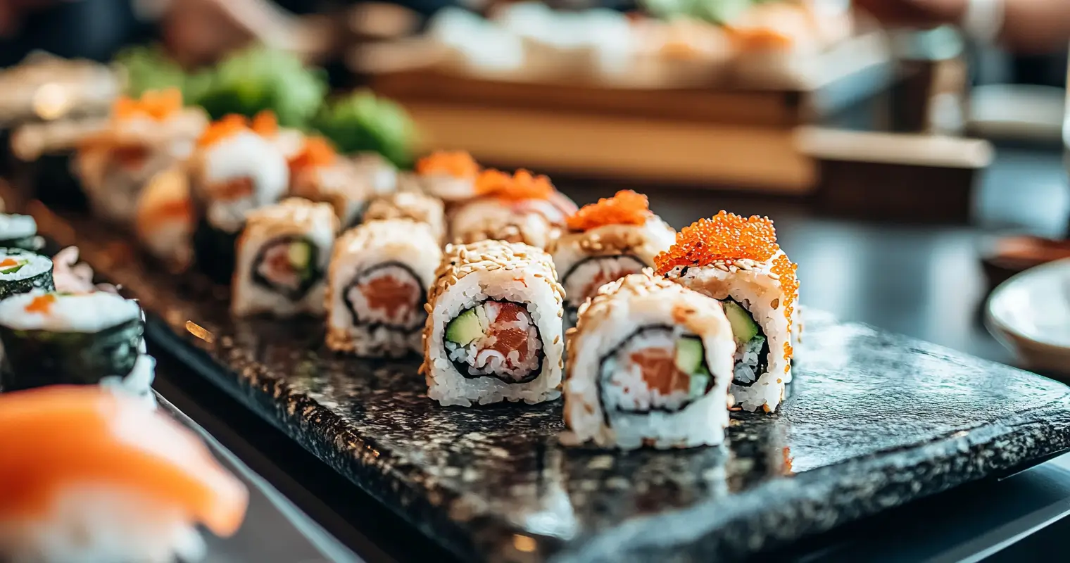  A modern sushi bar setup with fresh sushi on display