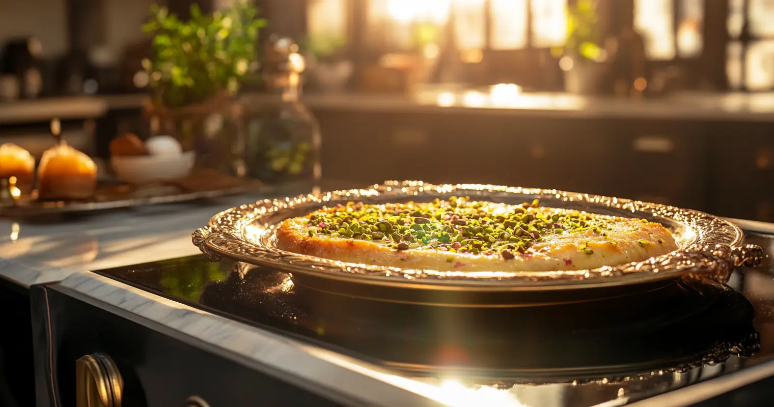 Traditional Nabulsi Knafeh served on a decorative tray with pistachio garnish