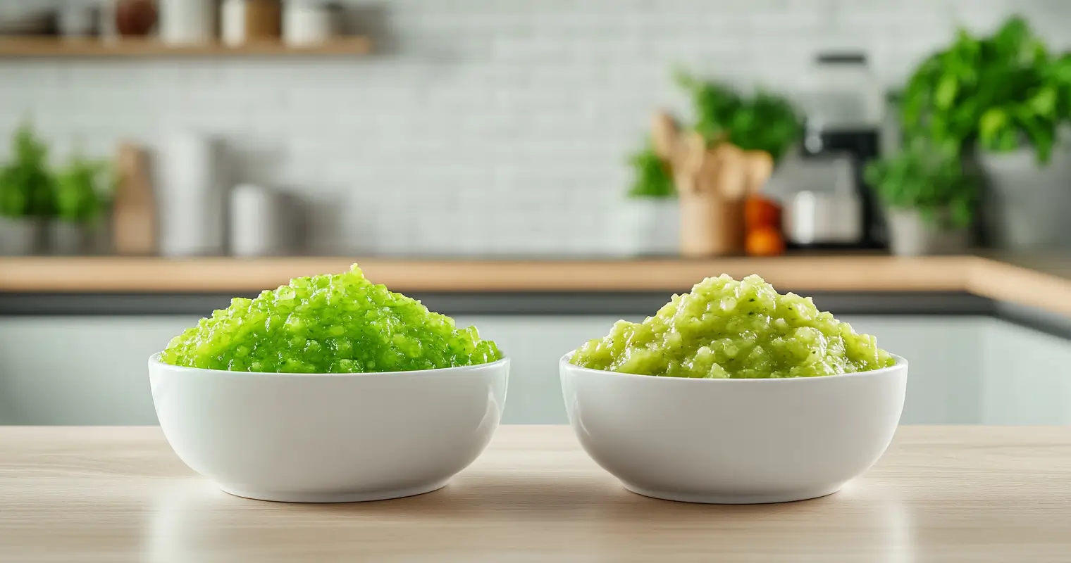 Side-by-side comparison of neon green relish and regular relish