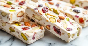 Nougat mixture with embedded nuts and dried fruits.