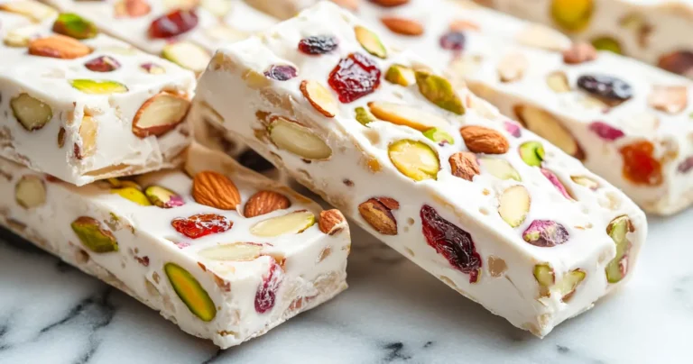 Nougat mixture with embedded nuts and dried fruits.