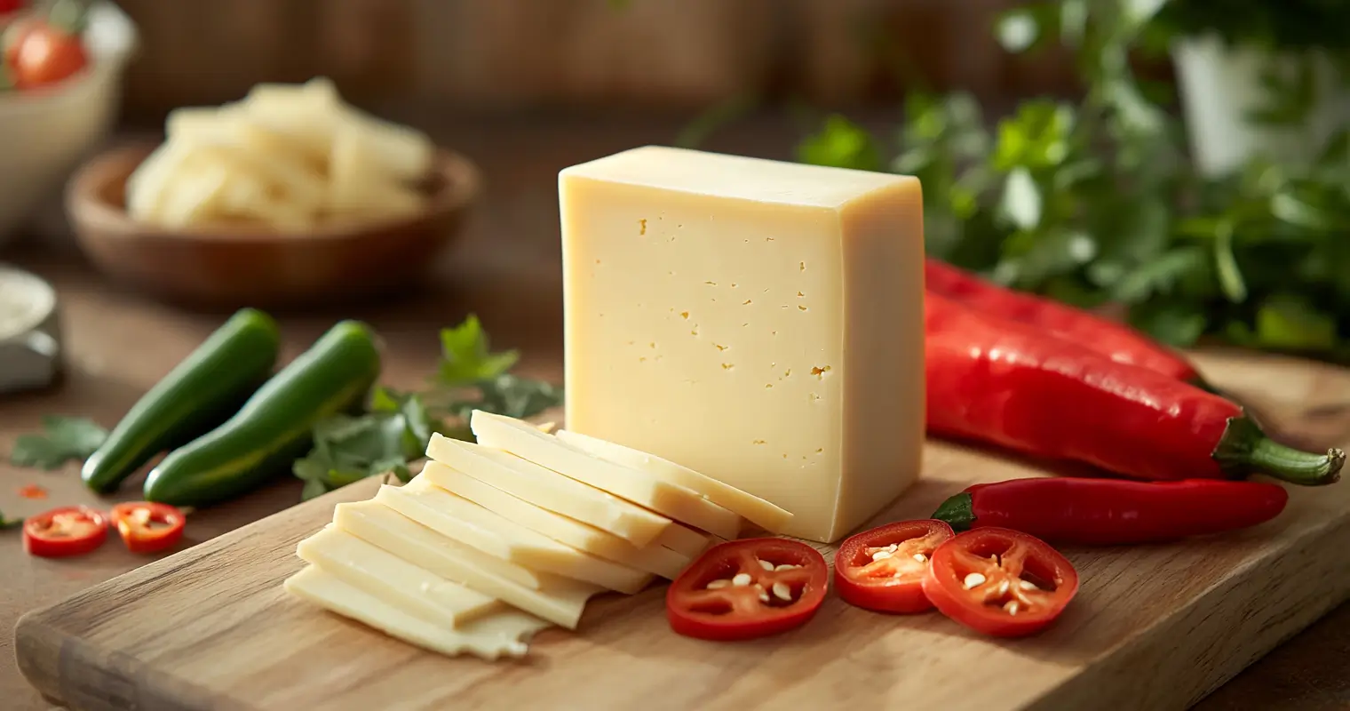 A modern cheese board featuring Pepper Jack cheese slices with peppers