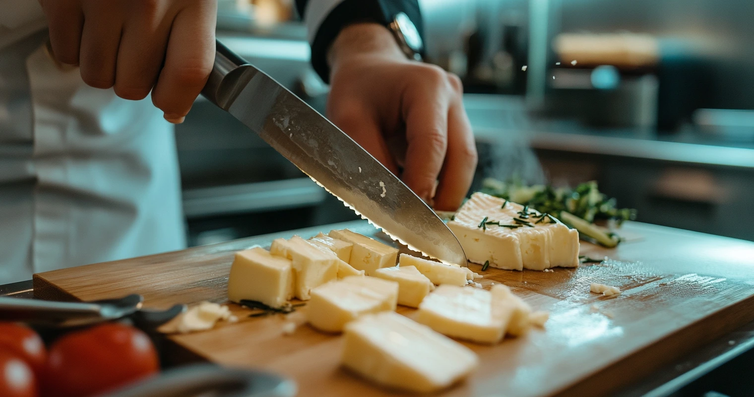 Brie precisely sliced using a cheese knife