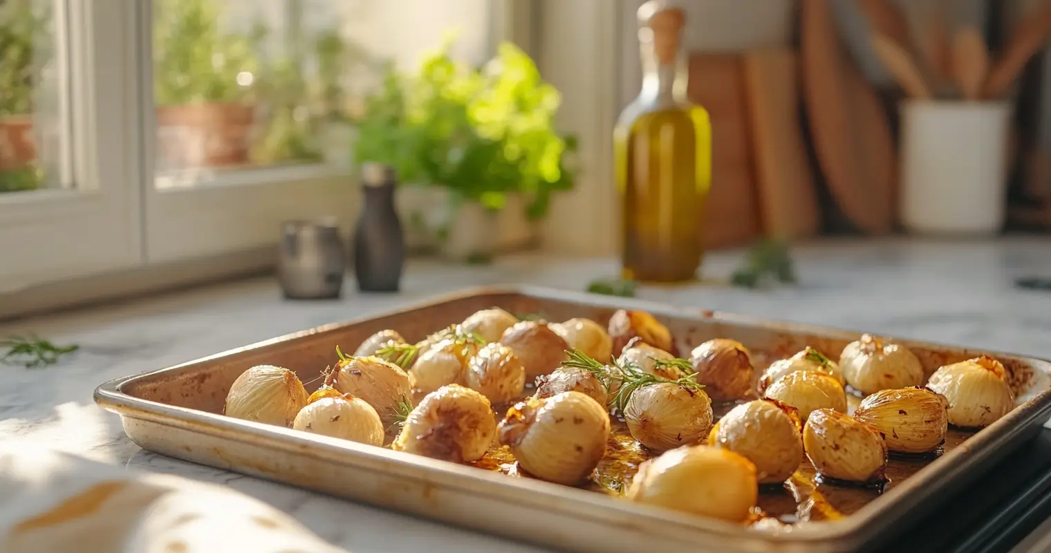 Golden roasted sunchokes on a baking tray in a modern kitchen.