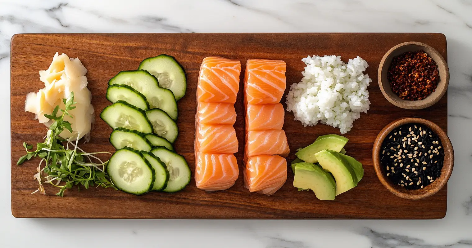  Ingredients for Philadelphia Roll: smoked salmon, cream cheese, cucumber, avocado, sushi rice, and nori