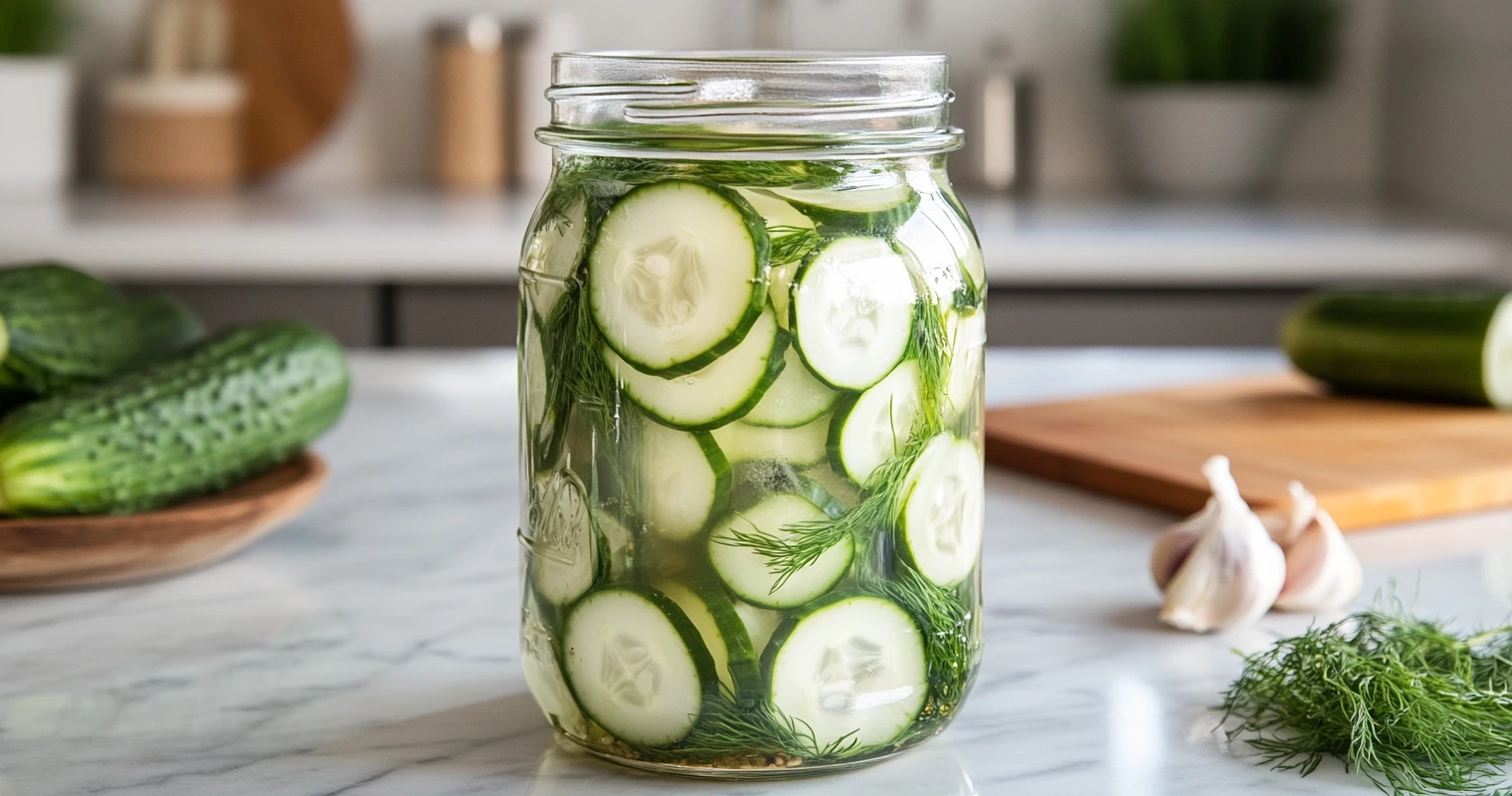 Cucumber slices soaking in a glass jar filled with tangy brine and fresh herbs