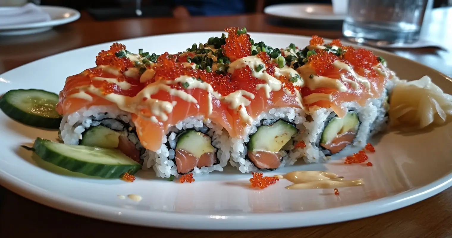  Alaska Roll plated with fresh salmon, avocado, and cucumber slices