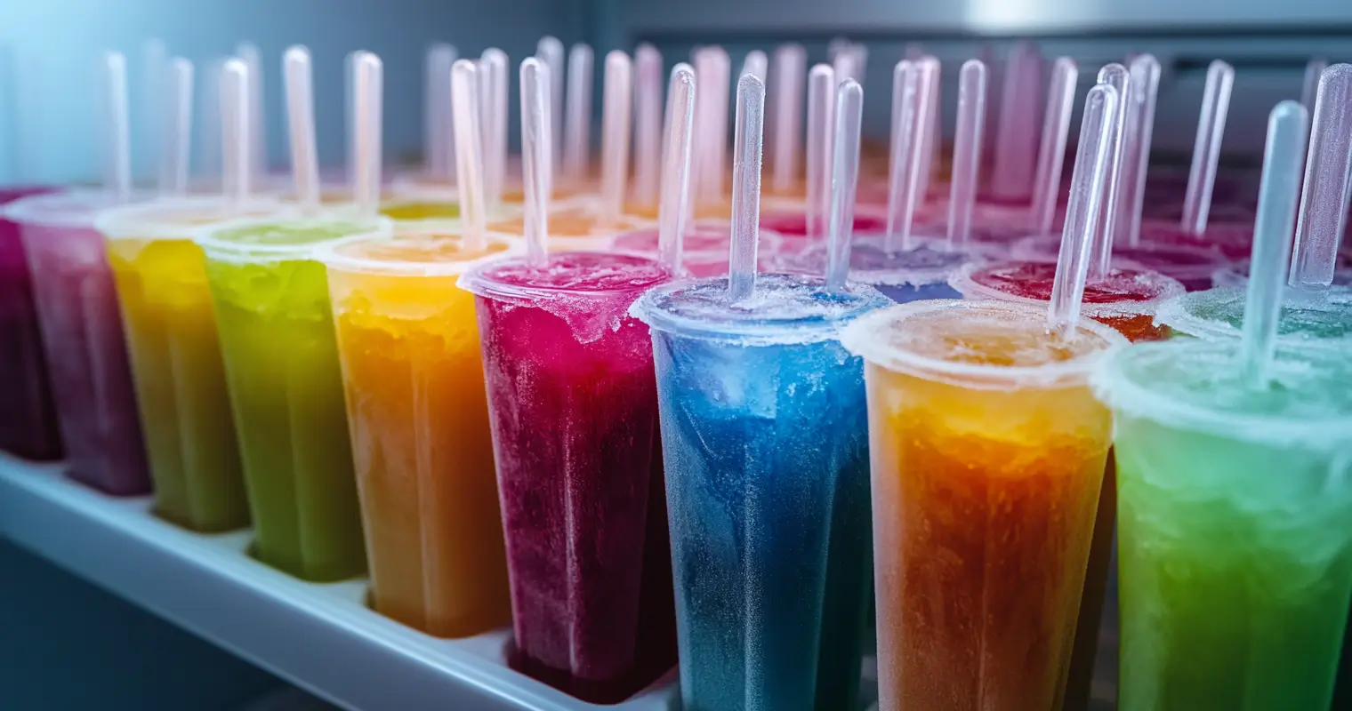 Colorful popsicle mixtures poured into molds and placed in a freezer