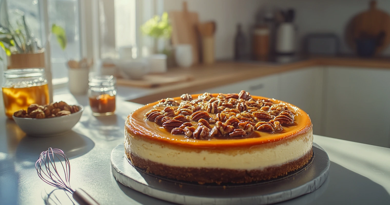 A perfectly baked praline cheesecake on a wooden table.