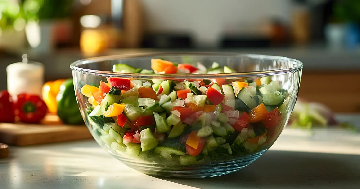 Chopped vegetables being mixed in a bowl with spices