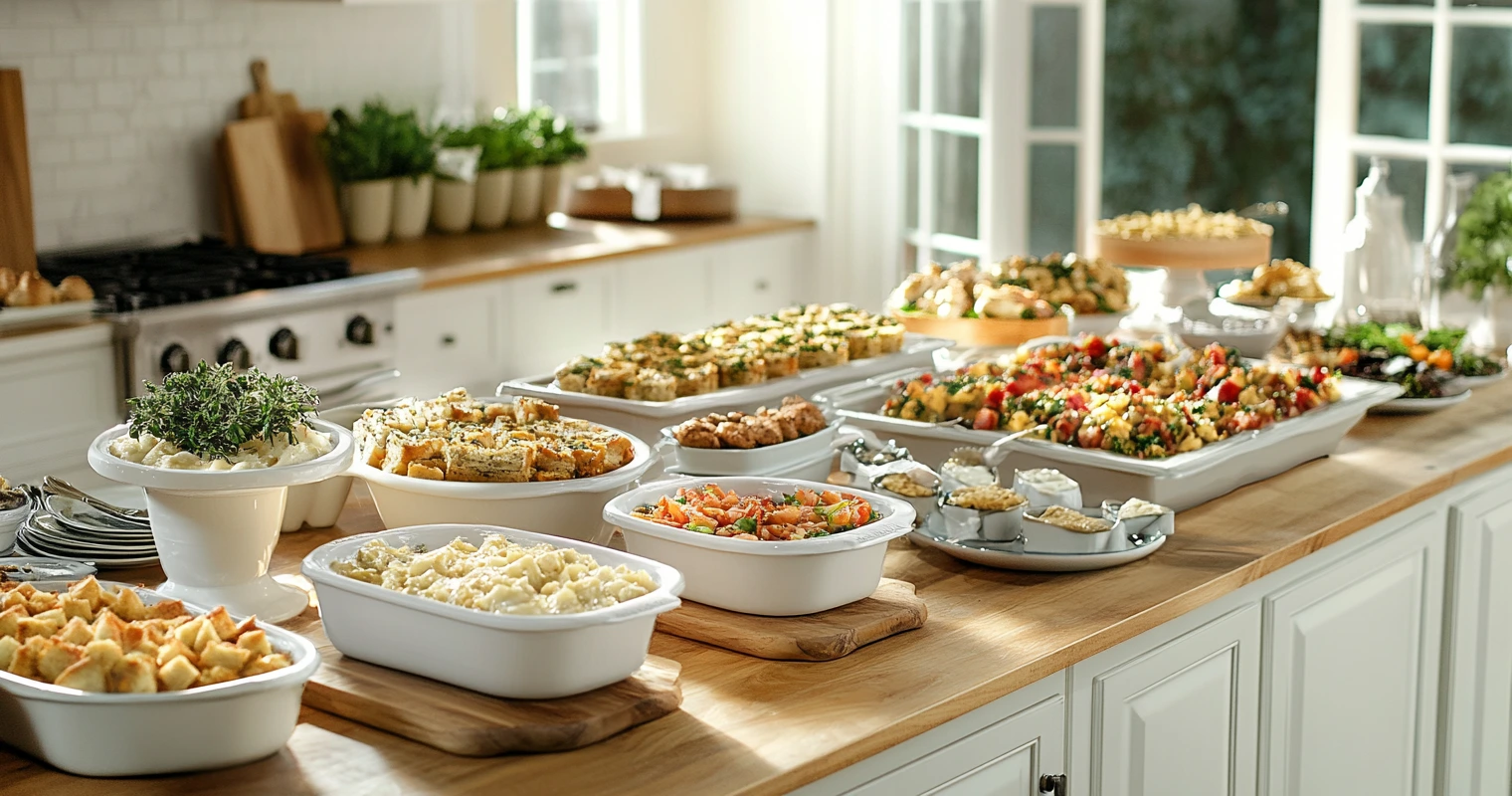 A vibrant potluck table filled with a variety of appetizers, mains, and desserts in a modern kitchen setting.