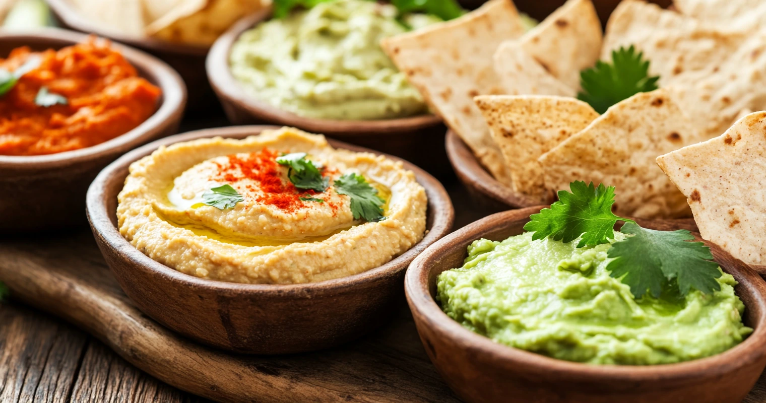 Rice crackers paired with a bowl of creamy hummus dip.