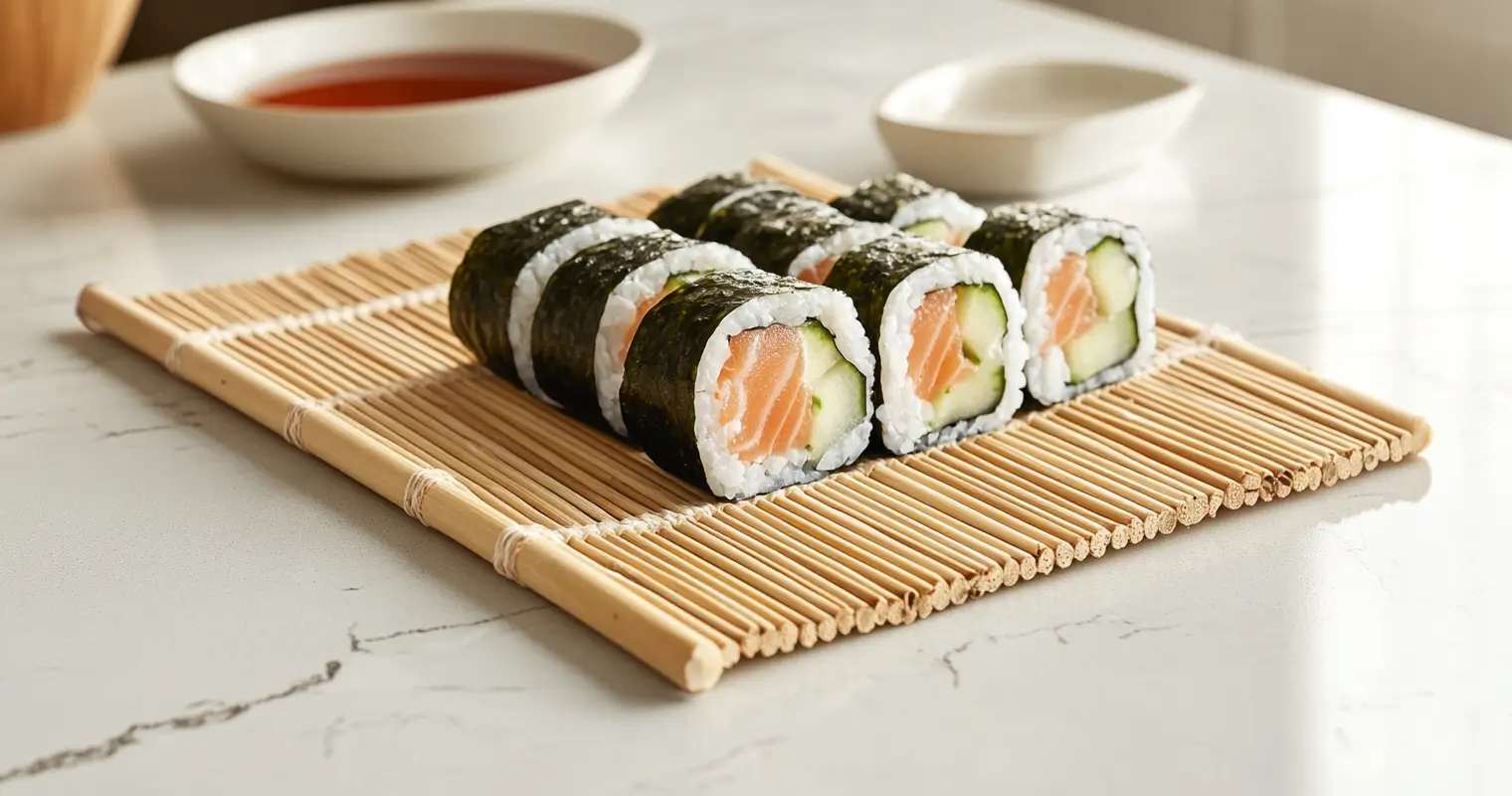 Philadelphia Roll halfway rolled on a bamboo mat in a modern kitchen