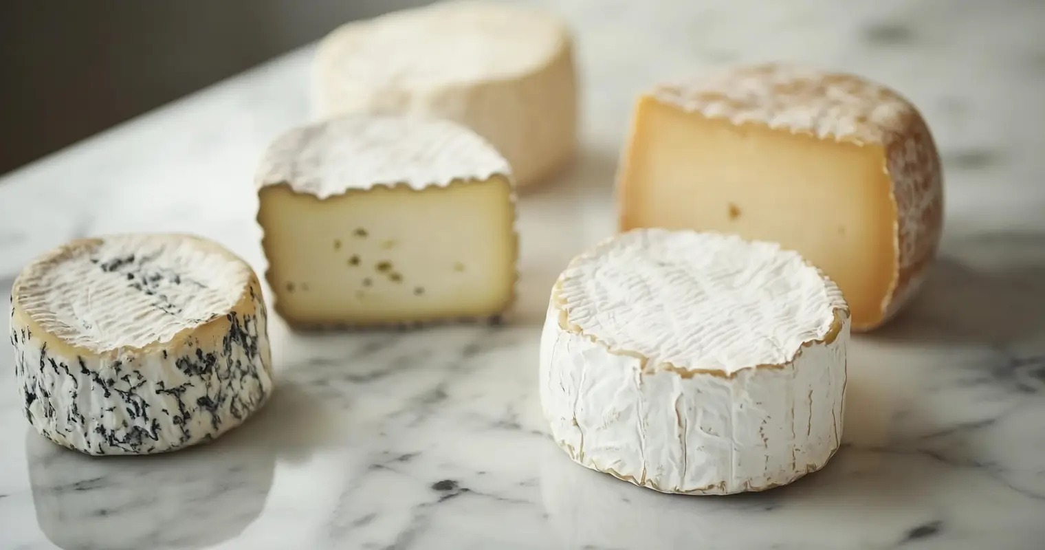 A marble countertop displaying rare cheeses, including goose cheese