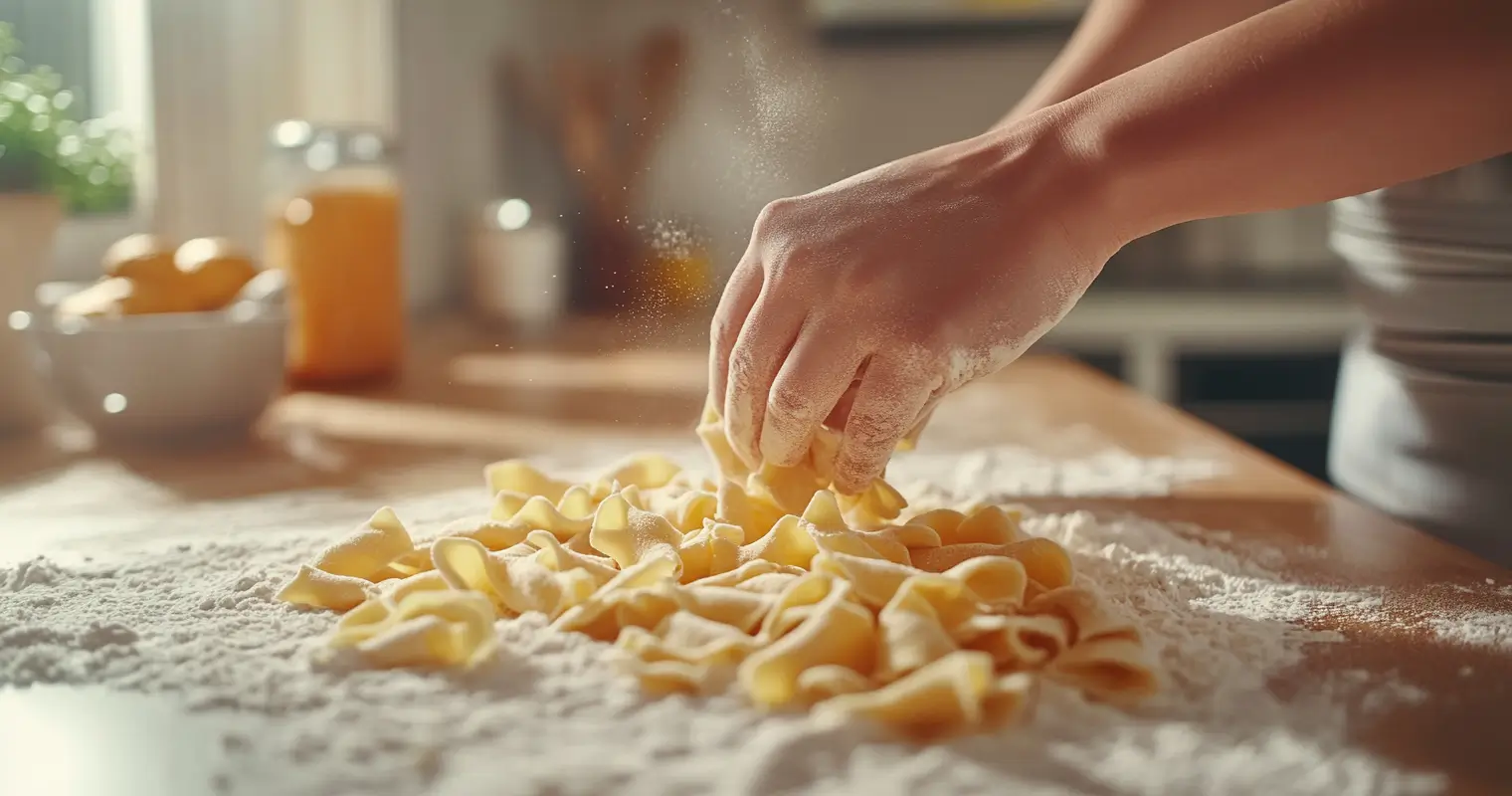 Hands shaping Cavatelli pasta on a floured surface