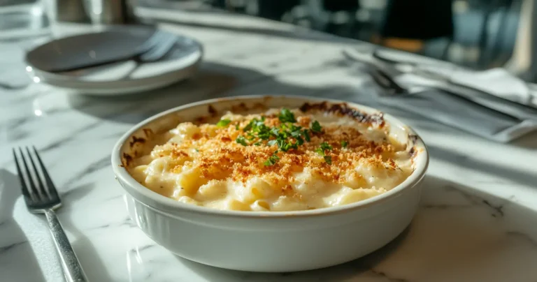 A close-up of smoked mac and cheese with a golden crust and a smoky finish.