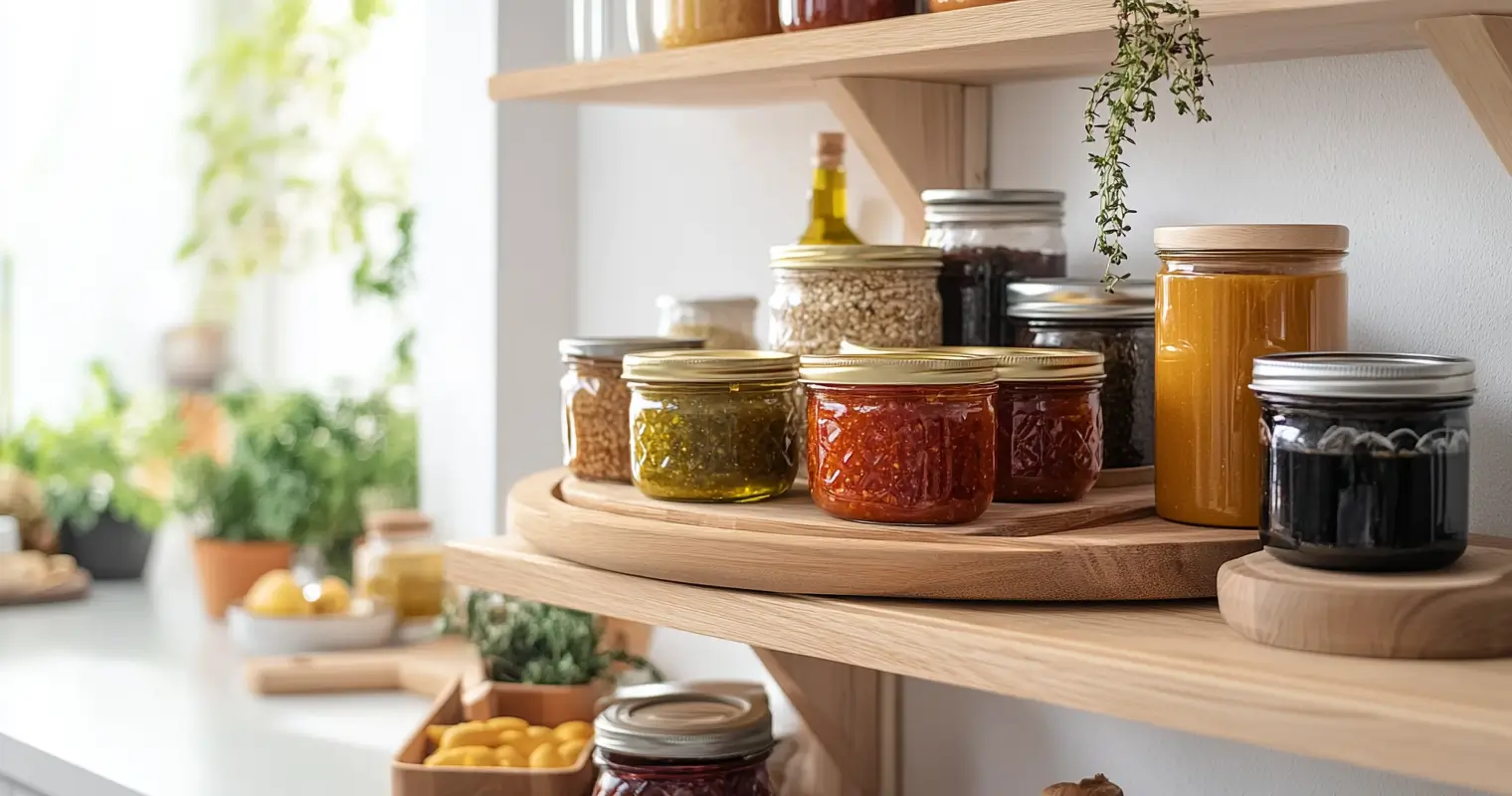 Jars of relish neatly arranged on a pantry shelf