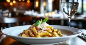 Strozzapreti pasta coated in fresh basil pesto served on a white ceramic plate