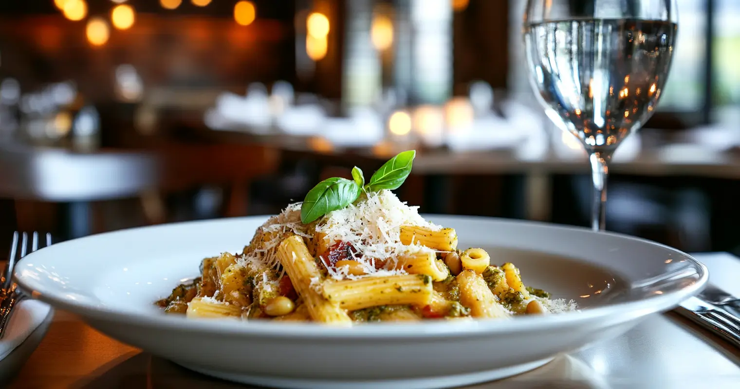 Strozzapreti pasta coated in fresh basil pesto served on a white ceramic plate