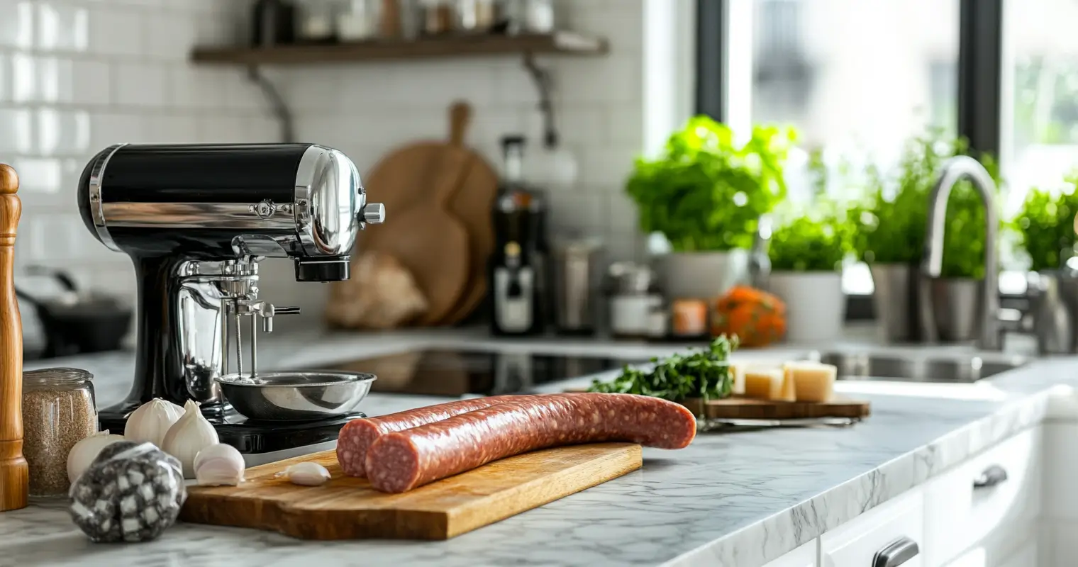 A sausage stuffer being used on a marble island in a modern kitchen, with natural casings ready for stuffing