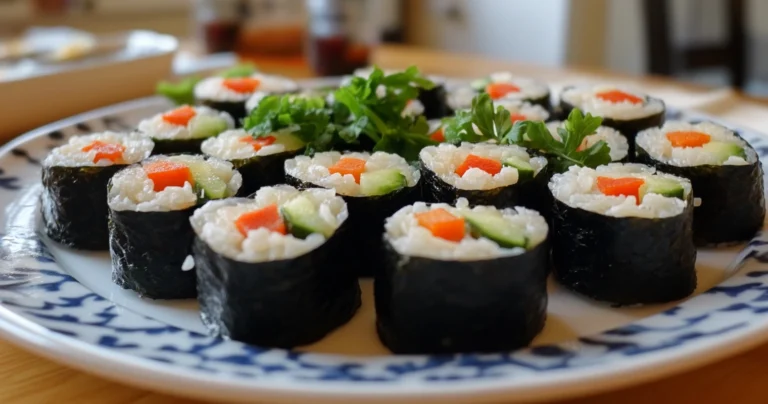 A plate of colorful sushi rolls made with surimi, garnished with fresh vegetables and wasabi.
