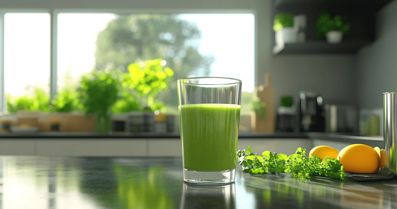  A glass of green smoothie made from sweet greens on a stylish kitchen counter