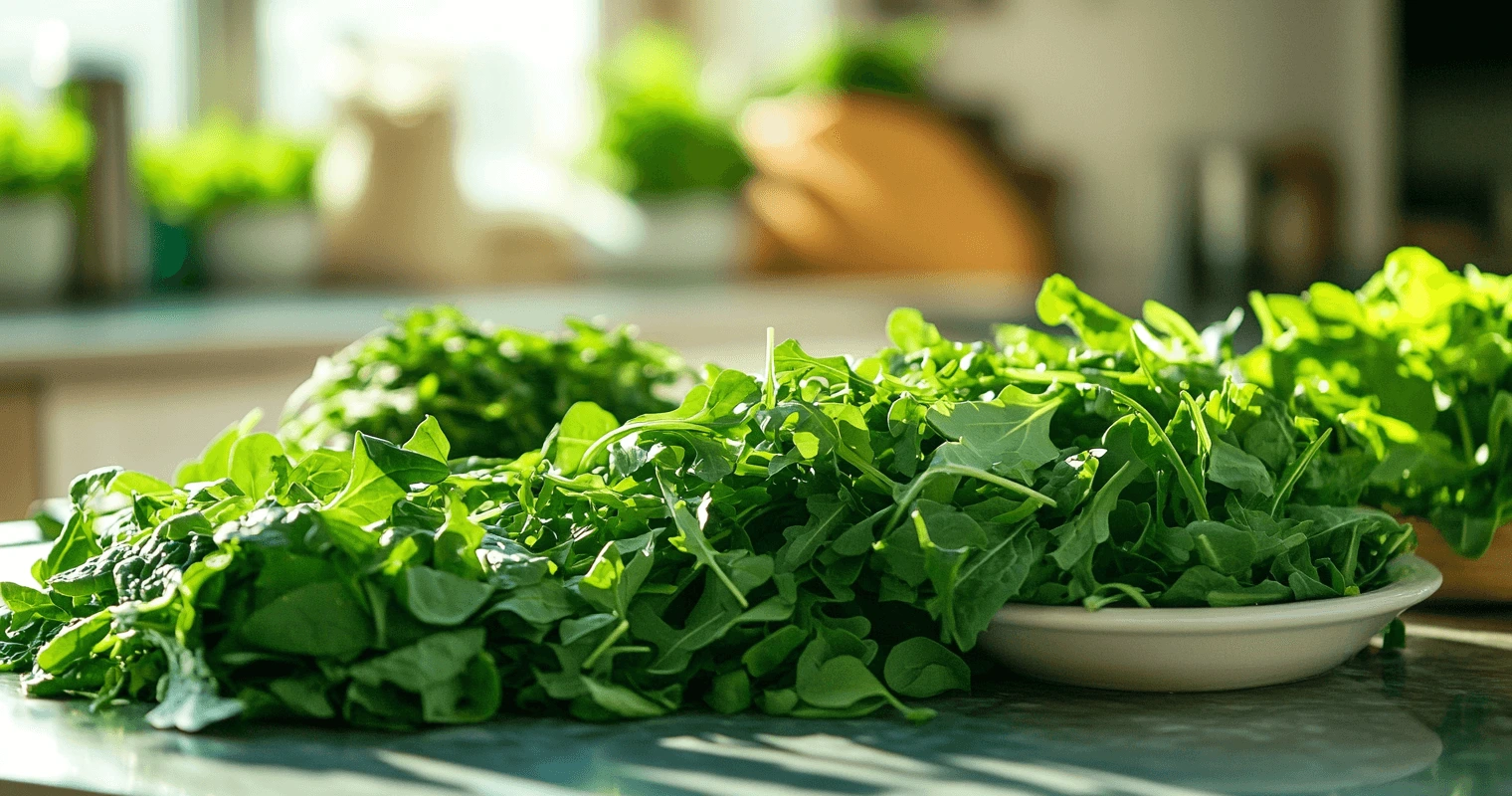 Fresh sweet greens displayed beautifully in a modern kitchen or restaurant setting