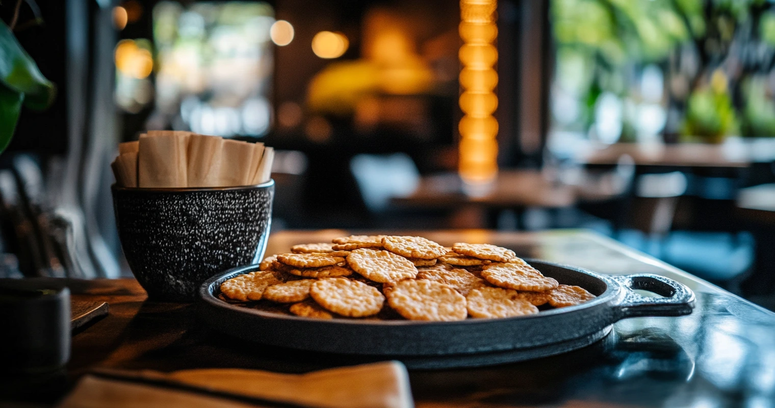 Sweet and savory rice crackers displayed side by side on a serving tray.