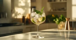 A freshly made Hugo Spritz in a wine glass with mint, lime, and ice.