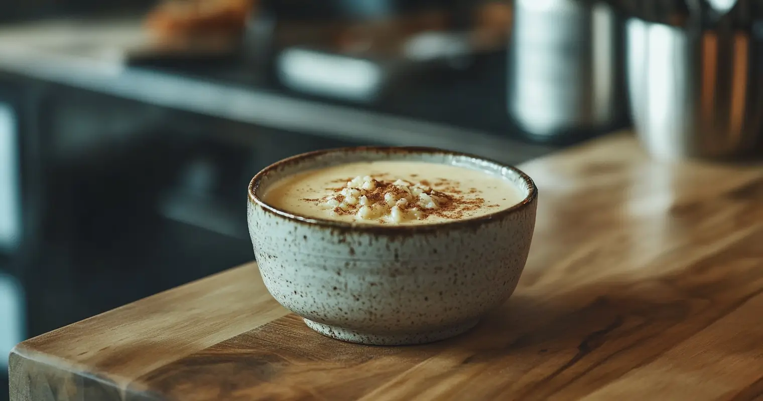 Creamy arroz con leche served in a rustic ceramic bowl with cinnamon sticks on the side.