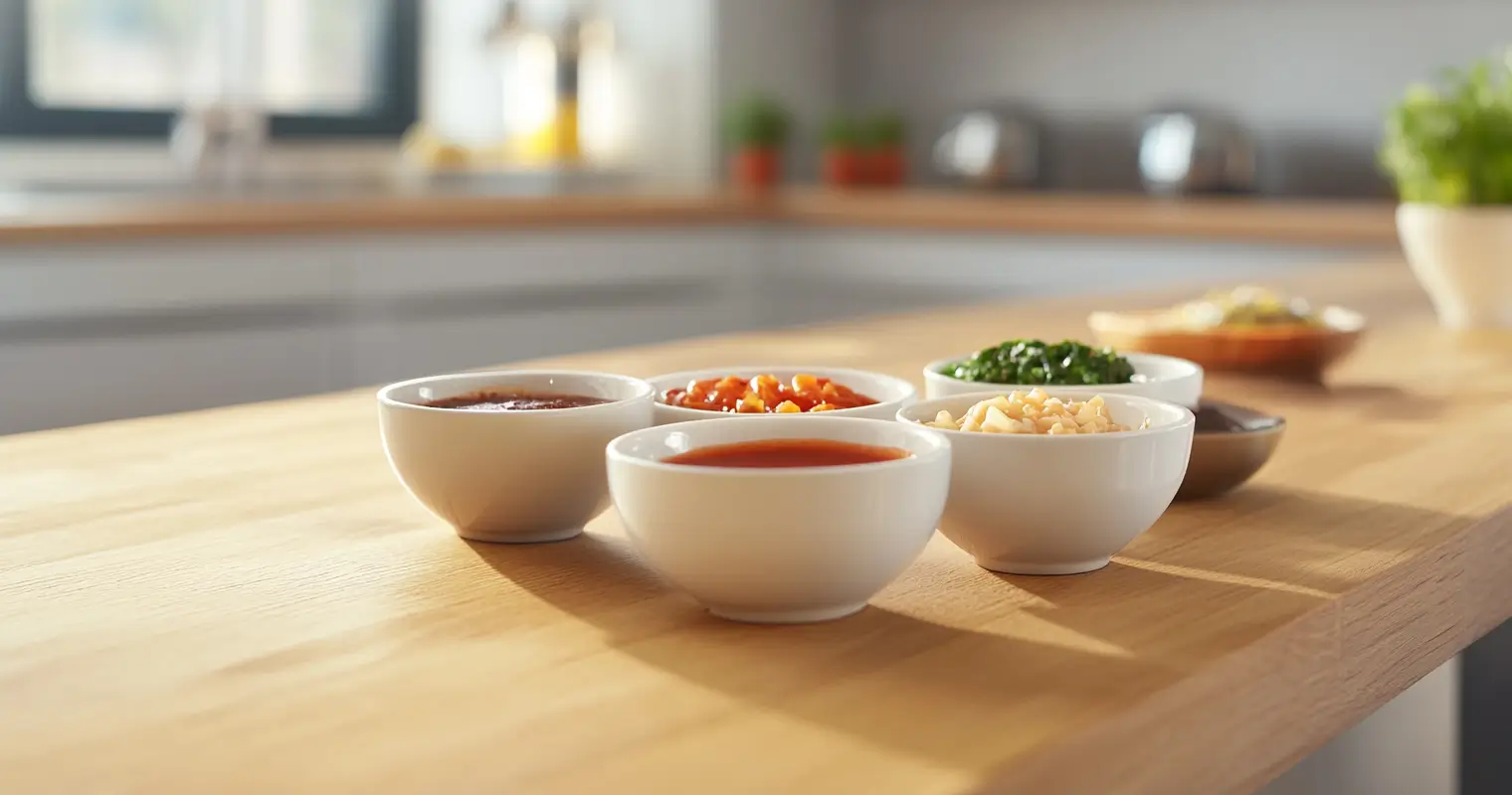 A variety of homemade dipping sauces in bowls placed on a wooden kitchen counter.