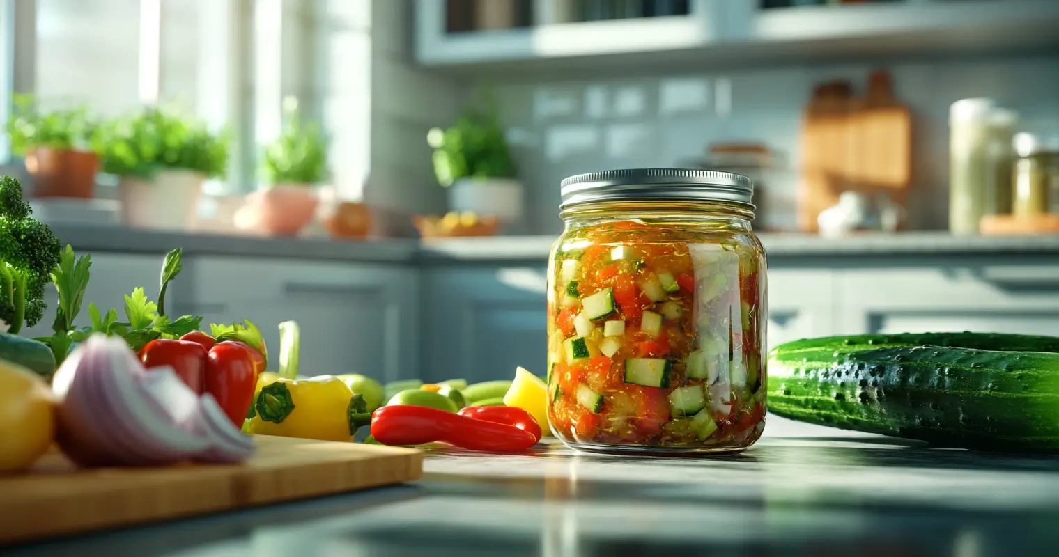 A jar of homemade relish with fresh vegetables and spices on a sleek kitchen counter