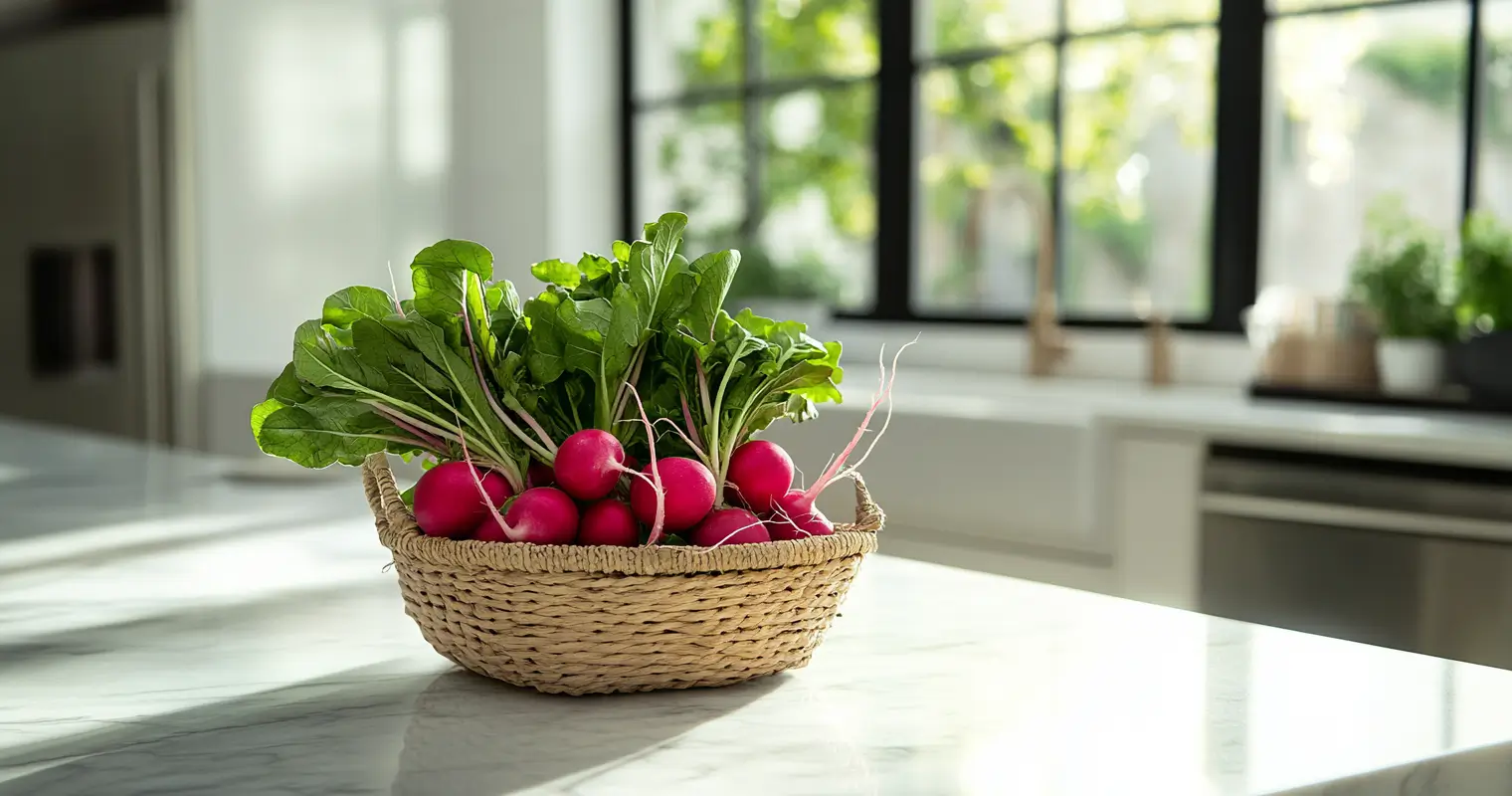 Fresh red radishes with green tops in a modern kitchen setting.