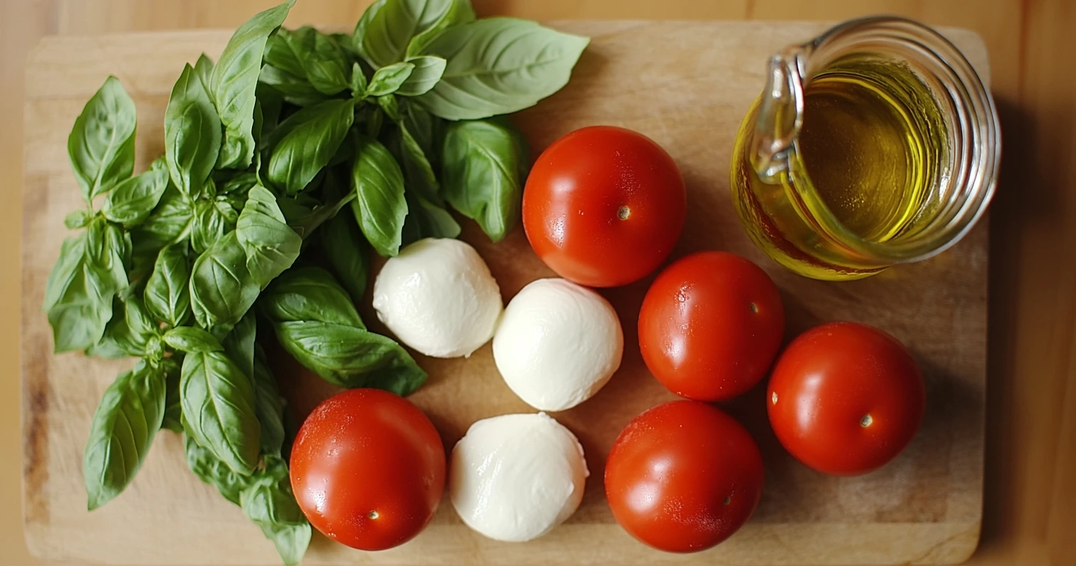 Fresh tomatoes, basil leaves, mozzarella, and olive oil on a wooden board.
