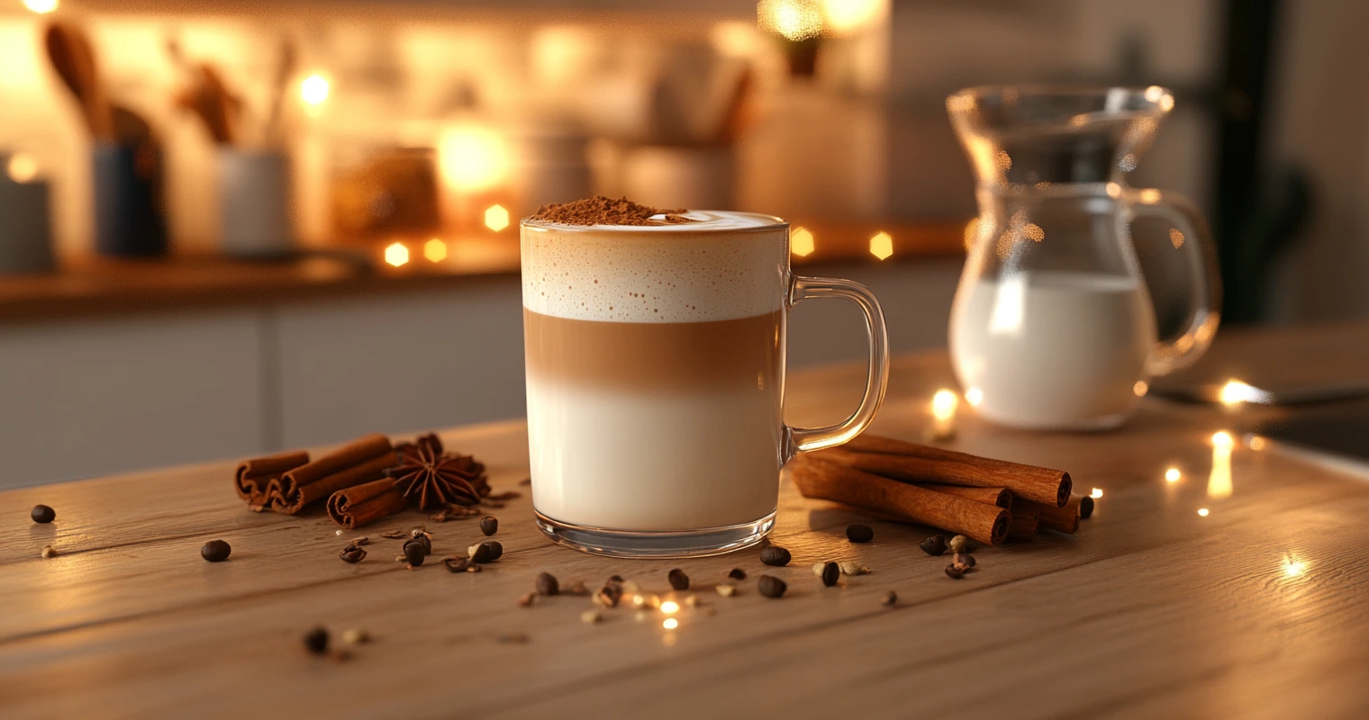 A beautifully presented dirty chai latte with spices, an espresso shot, and milk on a stylish table.