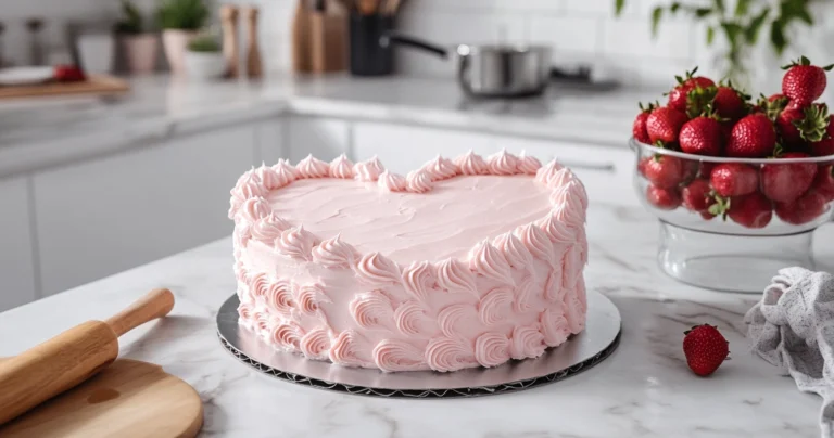 A heart-shaped cake decorated with pink frosting in a bright modern kitchen.