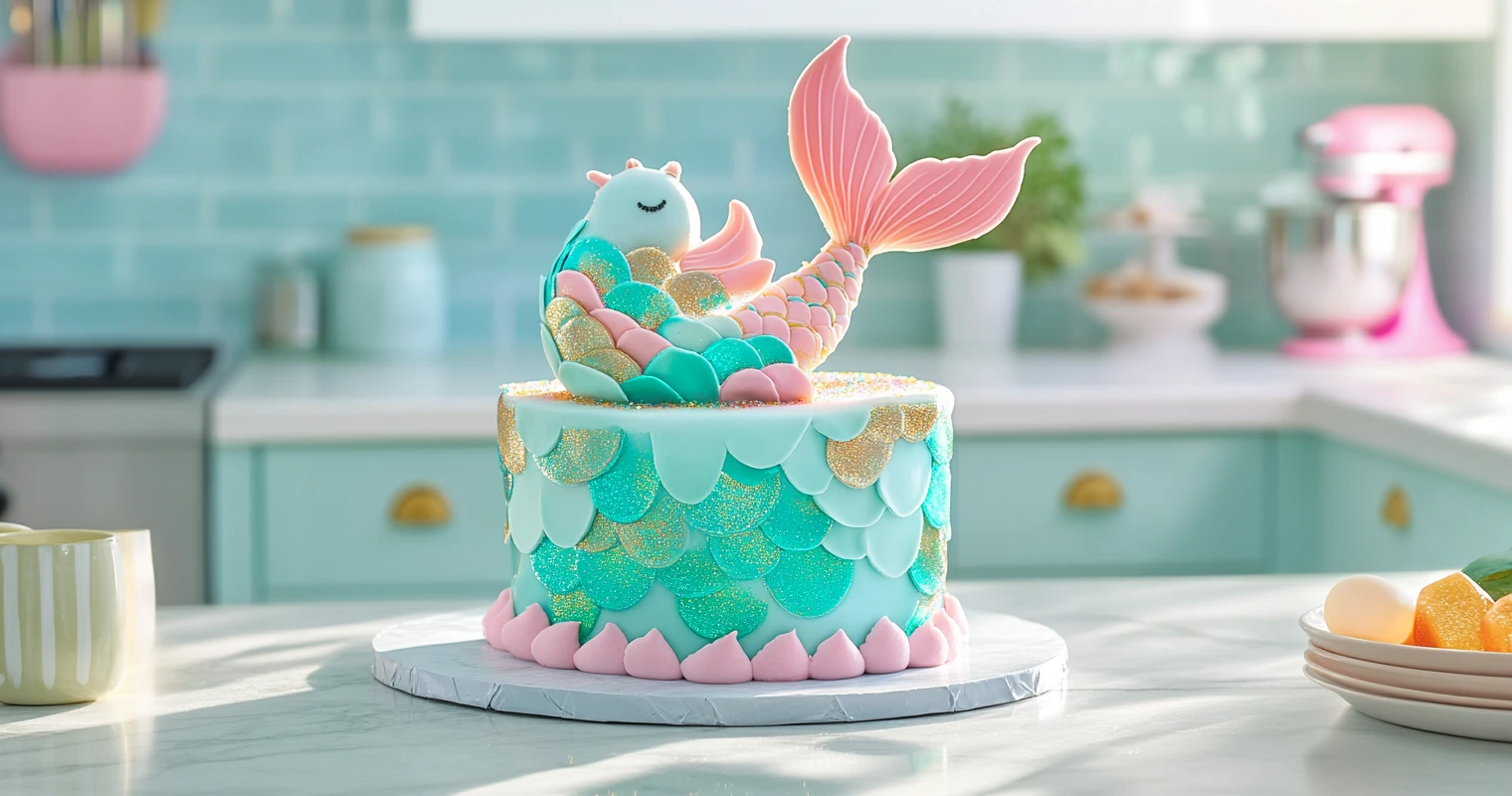Magical mermaid cake with shimmering fondant scales on a modern kitchen counter