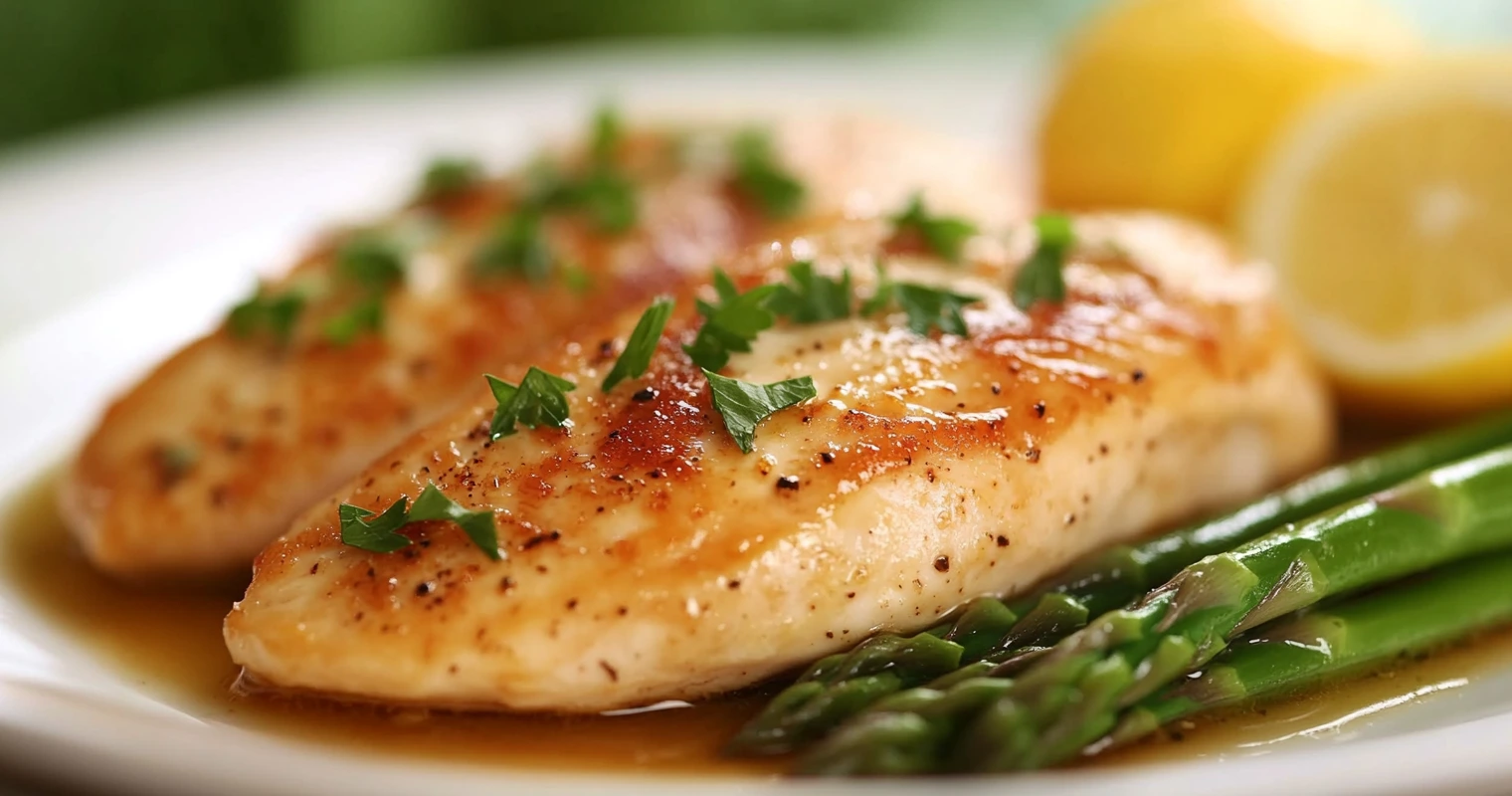 A plate of Chicken Piccata garnished with parsley and served with asparagus.