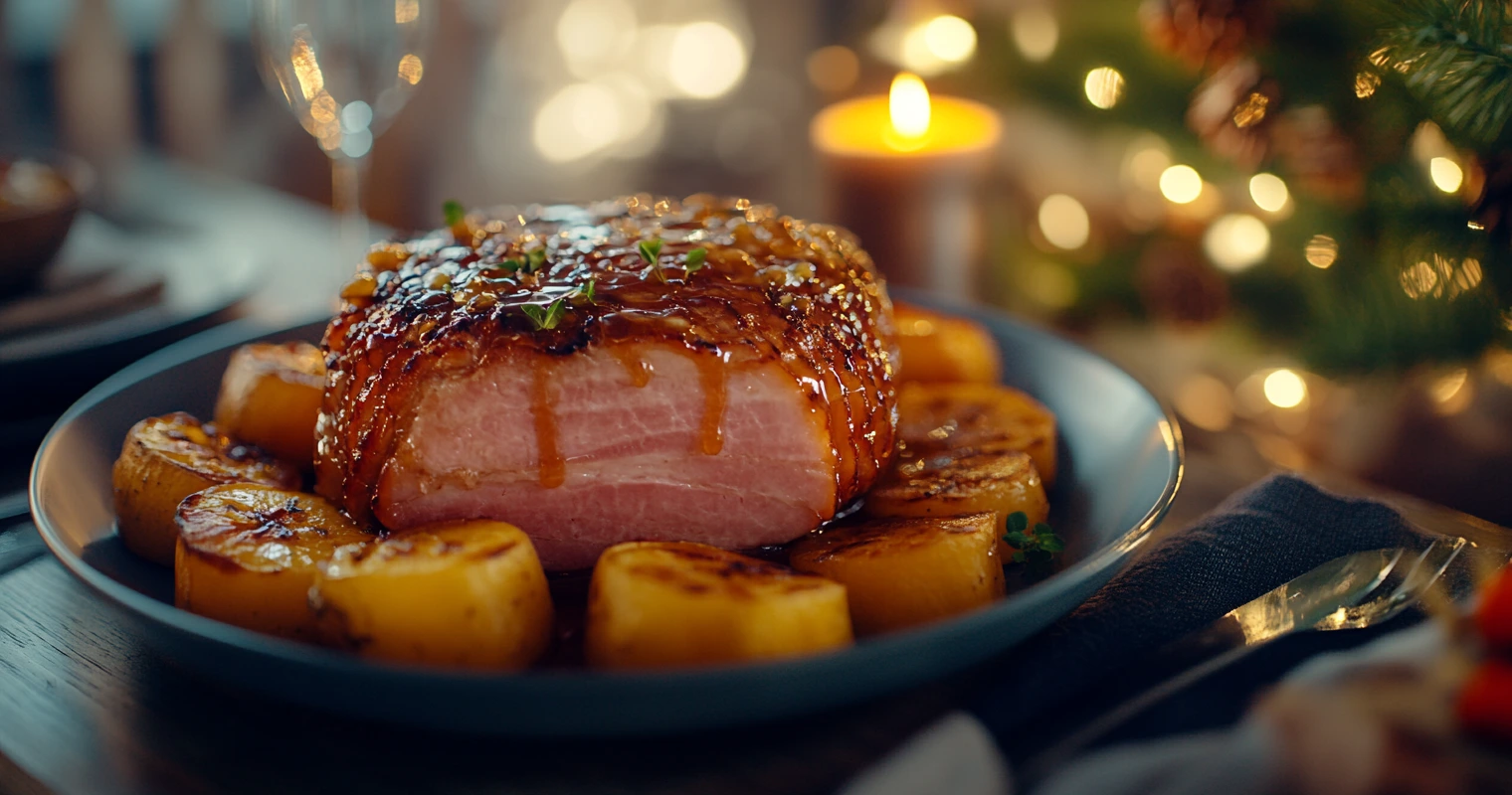 Maple-glazed ham steak with candied yams and pecans on a white plate