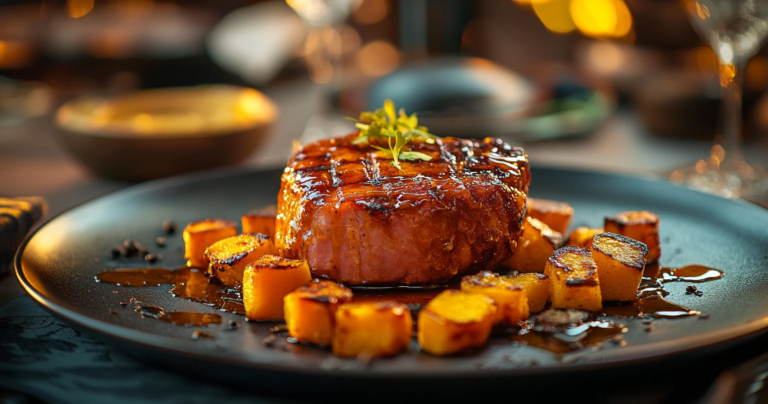 Classic baked ham steak with golden yams .