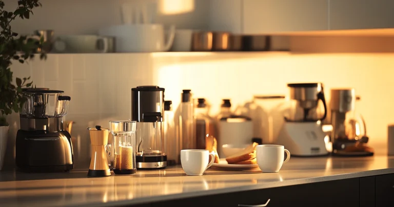 A variety of coffee creamers in bottles and cups on a kitchen counter.