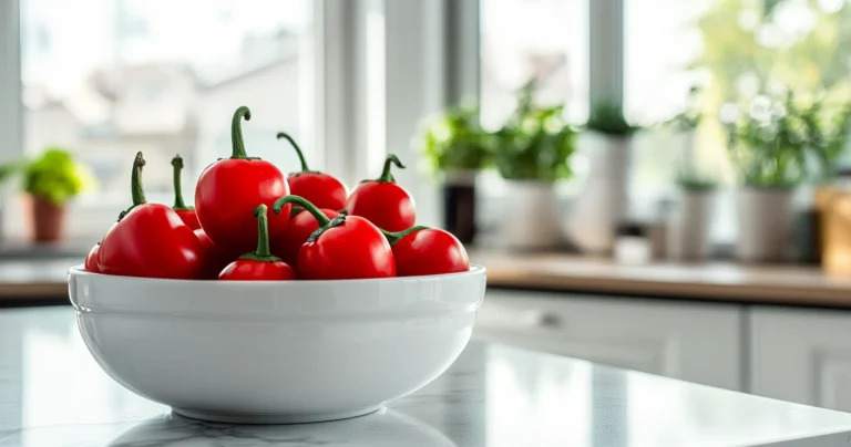 A sleek modern white kitchen with fresh cherry peppers on the countertop