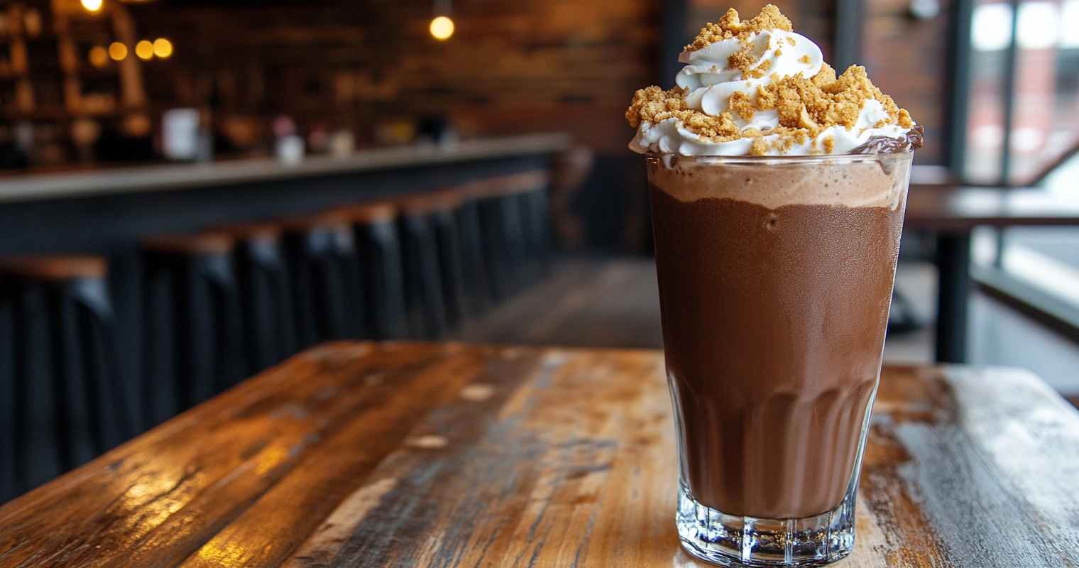 A chocolate milkshake topped with cookie crumble and whipped cream