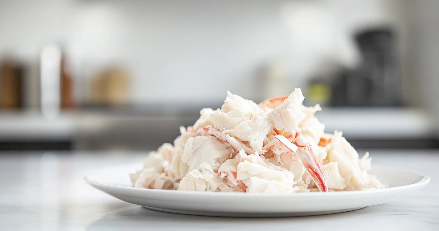 Fresh lump crab meat pieces displayed on a white plate