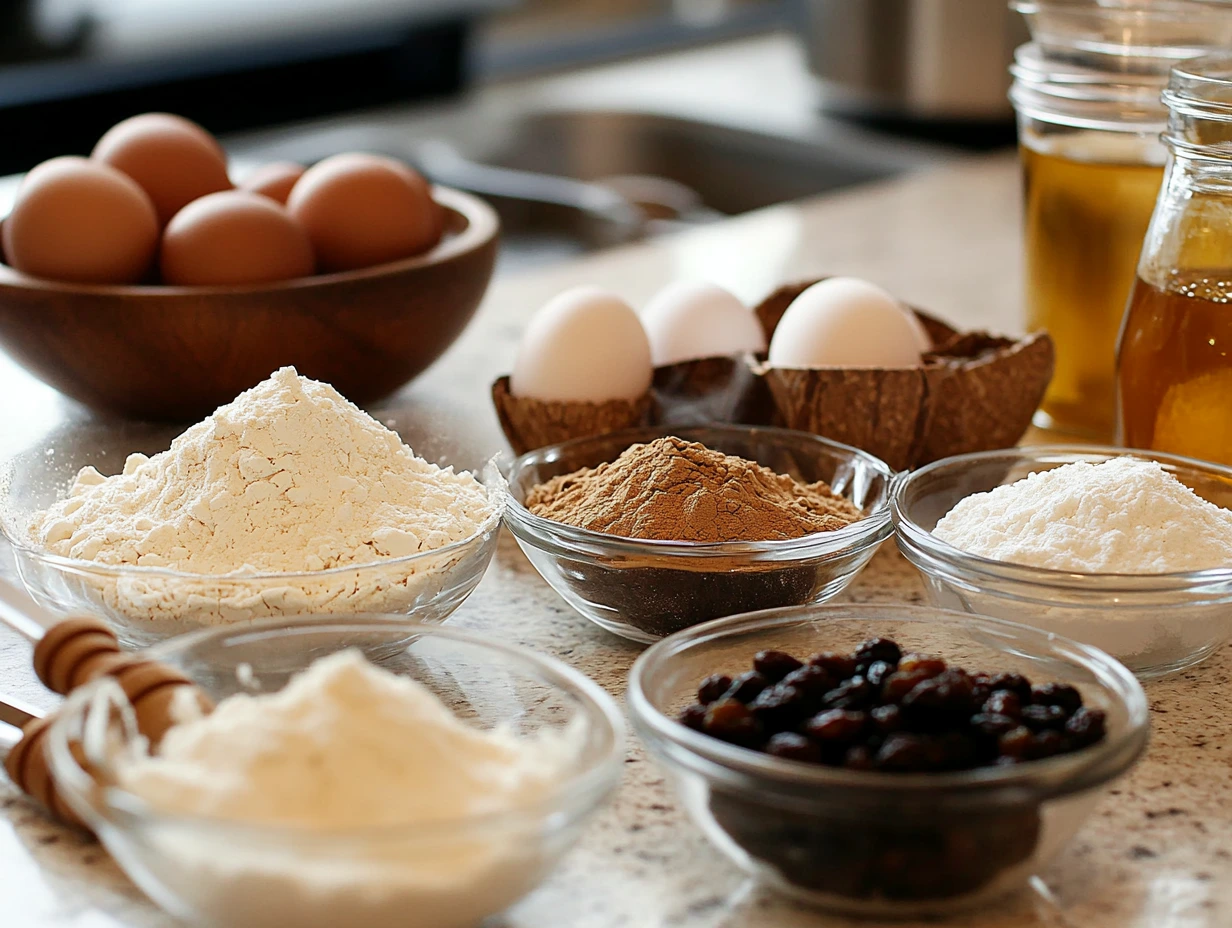 Ingredients for GAPS raisin muffins laid out on a kitchen counter.