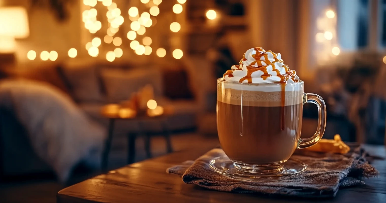 A caramel latte topped with whipped cream and caramel drizzle
